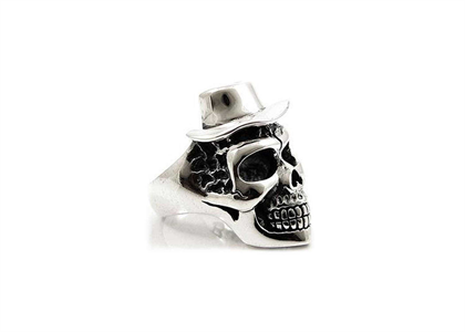 Rhodium Plated Gangster Skull Mens Ring